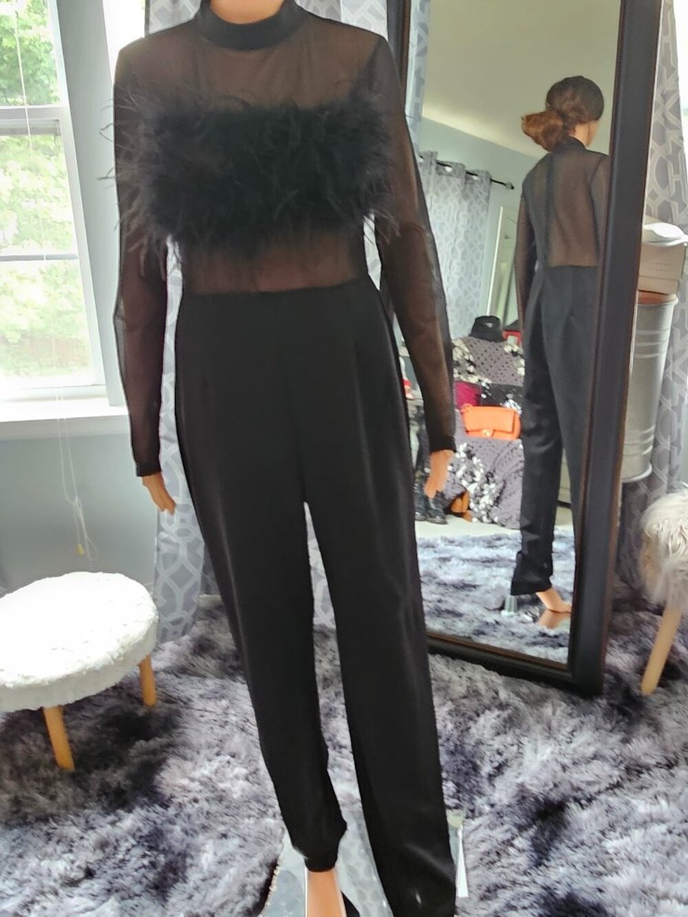 SHEIN Mock‑Neck Mesh Feather Trim Jumpsuit – Black Sheer Long Sleeve – Size L